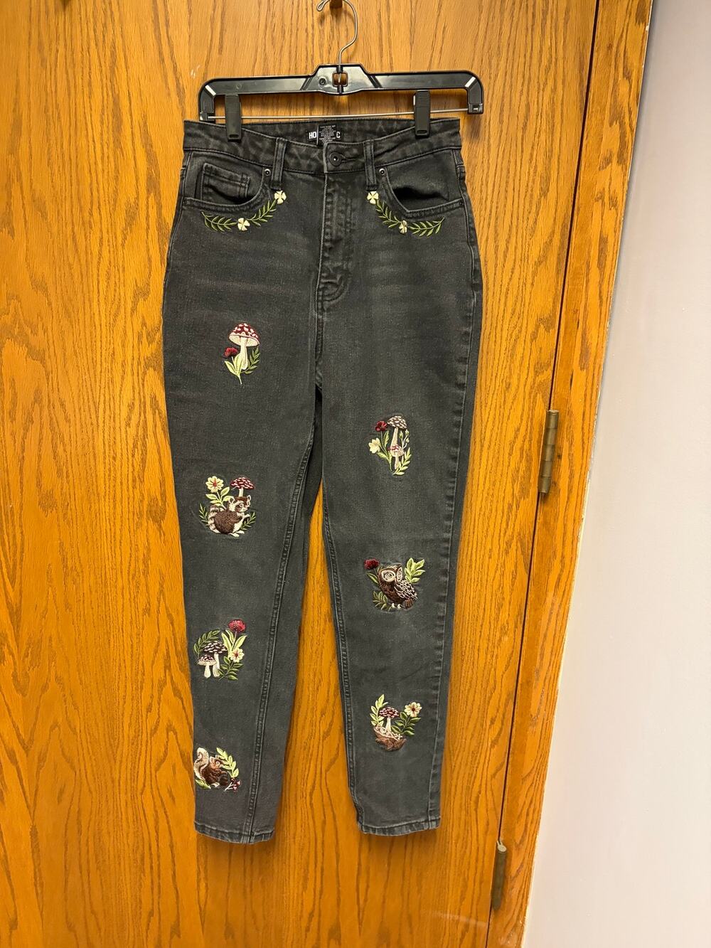 Hot Topic Woodland Embroidered Skinny Jeans Black Mushroom Owl Size 1 Goth
